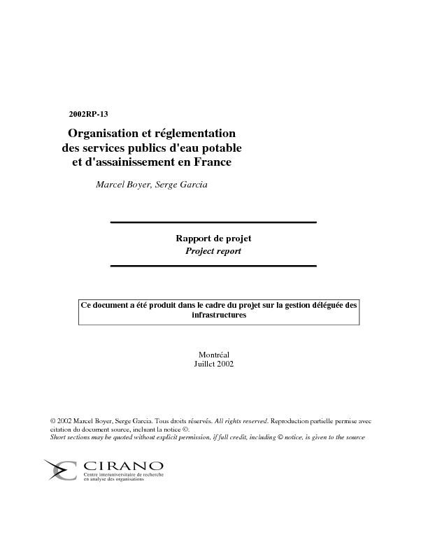 Cirano Summary Organisation Et Reglementation Des Services Publics D Eau Potable Et D Assainissement En France Cirano
