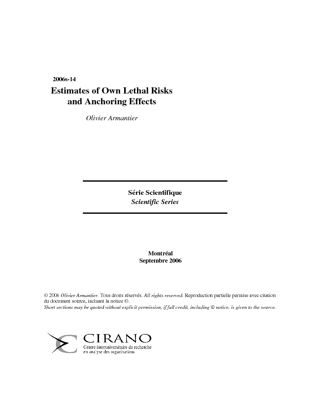 Cirano Summary Estimates Of Own Lethal Risks And Anchoring Effects Cirano
